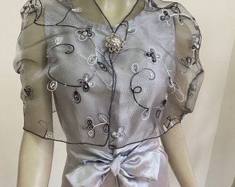 Gray Embroidered Sequin Organza Mini Cape. Elegant Sheer Cover. Sparkly Lace Wedding Shrug Top. Women's Formal Wear.