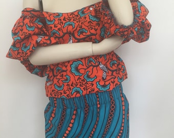 Orange and Blue African Print Summer Top and Skirt Set. Mini Skirt and Off Shoulder Top. African Cotton Top and Bottom Coordinates.