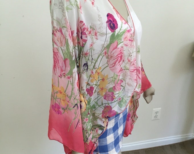 Pink Coral Floral Chiffon Kimono Top. Women's Chic Summer Colors  Tunic Top. Pink and White Sheer Swimsuit All-purpose Cover. One Size.