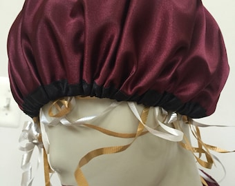 Woman's Burgundy Satin Sleep Cap. Fancy Wine Night Hat with Black Satin Trim. One Adult Size. Christmas Holiday Gifts for Women.