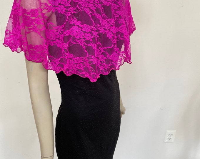 Bright Pink Lace Flared Mini Cape. Women's Hot Pink Sheer Lace Top. Bridal Shrug. Bridesmaid Gifts. Women's Top Covers.