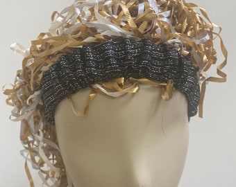 Black and Silver Foil Head Band. Multi-use Handmade Hair Scrunchies and Wristbands. Silver Stripe Hair Band. One Standard Size.