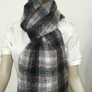 Pink and Gray Plaid Wool Scarf. Women&#39;s Winter Eool Scarves. Warm Wool Wraps. Holiday Gifts for Her.