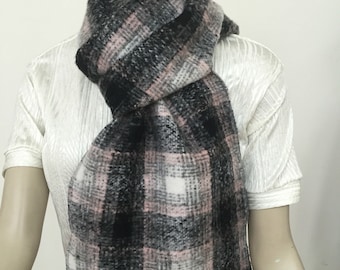 Pink and Gray Plaid Wool Scarf. Women's Winter Eool Scarves. Warm Wool Wraps. Holiday Gifts for Her.