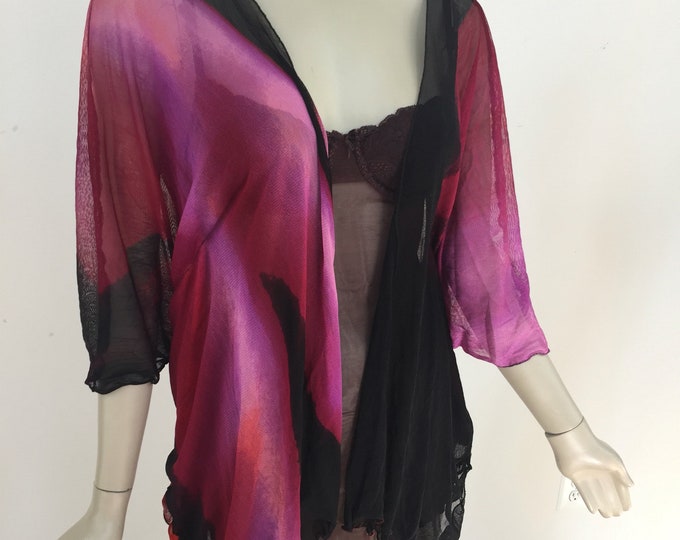Magenta Ombre Mesh Kimono. Women's Purple Red and Black Summer Tunic Top. Purple Multi Sheer Swimsuit Cover. One Size.