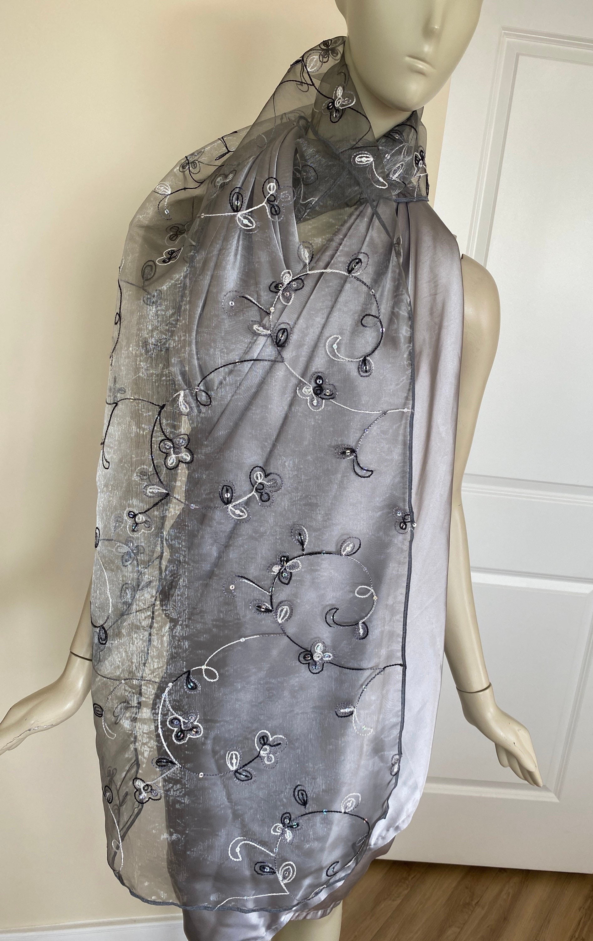 Louis Vuitton, Grey Charcoal Silver Monogram Shine Lv Logo Silk Shawl M