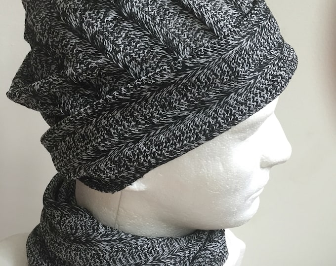 Gentlemen's Knit Slouchy Hat and Scarf Set. Black snd White Acrylic Beanie Hat and Scarf. Gray Winter Hat and Scarf. Gifts for Men