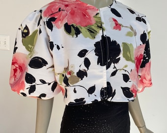 Pink Floral Jacket with 3/4 Sleeves. Elegant Jacket for Spring Outings. Fancy Formal Wear. Available in Sizes S, M, L.