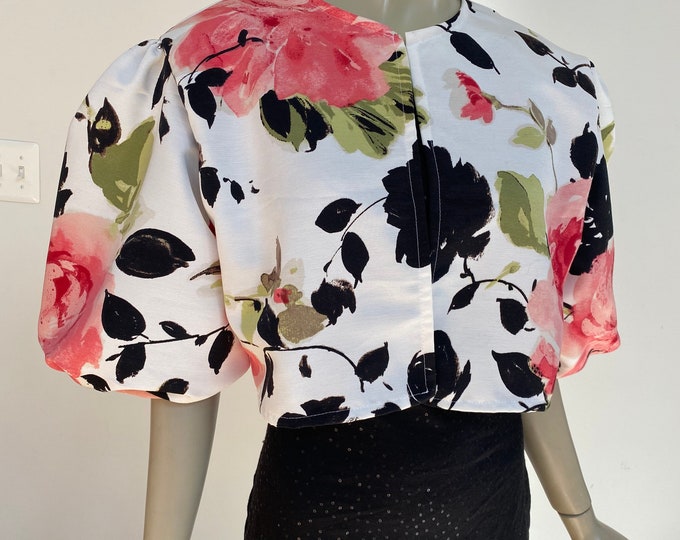 Pink Floral Jacket with 3/4 Sleeves. Elegant Jacket for Spring Outings. Fancy Formal Wear. Available in Sizes S, M, L.