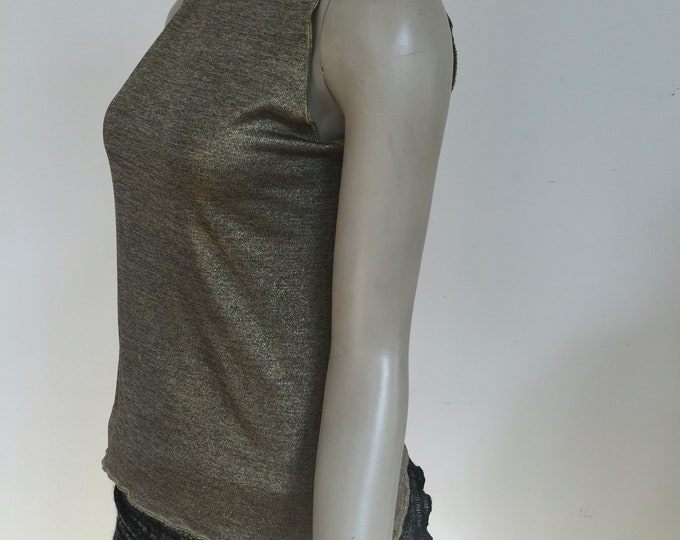 Gold Jersey Knit Sleveless Turtle Neck Top. Shimmery Turtle Neck. Stretch Jersey Knit Turtle Neck. Women's Elegant Evening Tops.