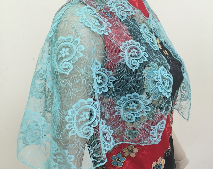 Turquoise Paisley Lace Cape. Aqua Blue Sheer Lace Mini Shrugs, Capelettes and Tops. One Size.