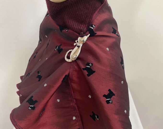 Reversible Taffeta BurgundyJeweled Dog Print Scarf. Pet Lovers Fancy Dark Red Scarves. Elegant Dog Wraps. Holiday Gift for Her.