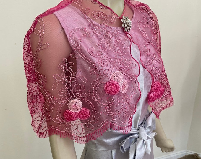 Elegant Fuchsia and Silver Lace Cape. Glittery Hot Pink Wedding Shrug. Fancy Bridal Cape. Women's Formal Covers. Custom Sizes Available.