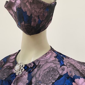 Mauve and Blue Peonies Jacquard Jacket and Mask Ensemble. Floral Jacquard Cropped Jacket with 3/4 Sleeves and Matching Face Mask.