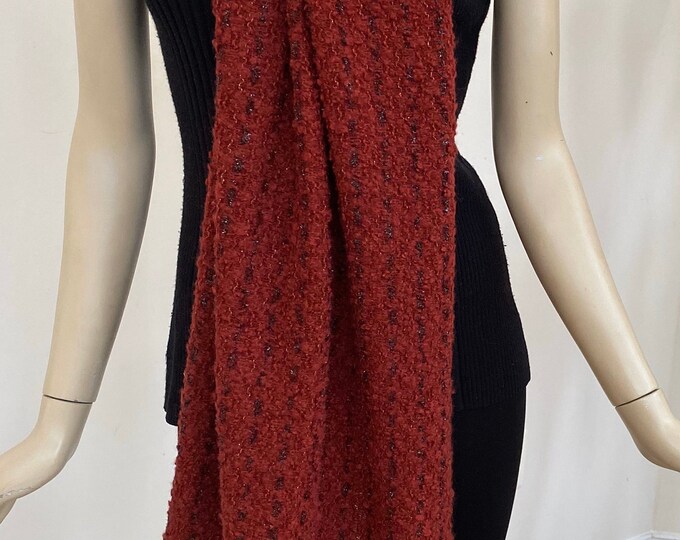 Extra Long Red and Sparkly Black Boucle Knit Wrap Scarf. Holiday Red Knit Rectangular Scarf. Warm Throw Scarves. Holiday Gift for Women.