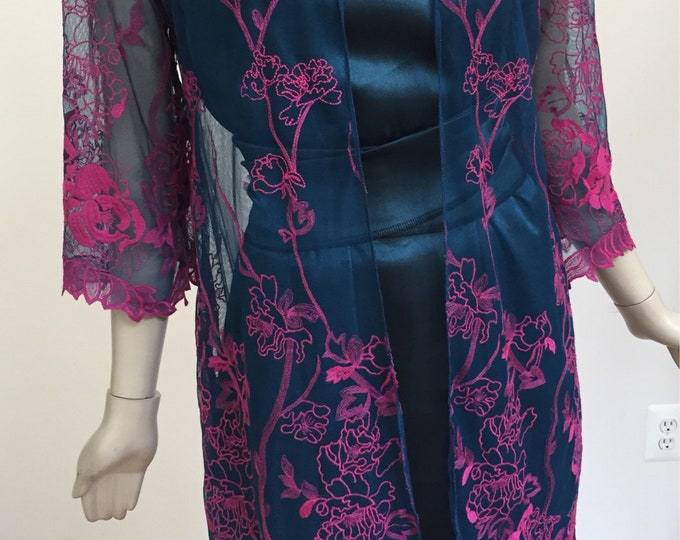 Dark Turquoise and Fuschia Women's Dress Lace Jacket. Blue and Pink Illusion Top Cover.