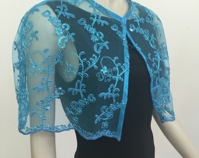 Elegant Turquoise Sequin Lace Cape. Mesh Glittery Wedding Shrug. Fancy Bridal Cape. Women's Formal Covers. Size S-M.