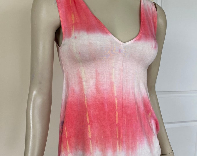 Coral Pink Cotton Rayon Tie Dye Sleeveless Tank Top. V-neck Summer Tunic Top, Boho A-line Top. Beach Wear.