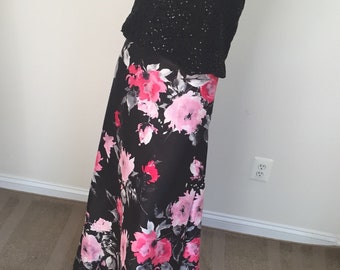 Black Floral Shantung Poly Maxi Skirt. Flared Floor Length A-Line Skirt. Women's Elegant Skirts. Gifts for Her.