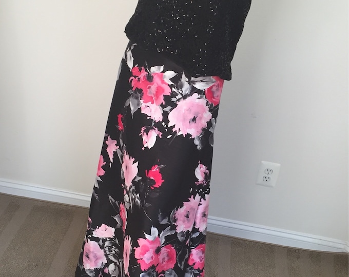 Black Floral Shantung Poly Maxi Skirt. Flared Floor Length A-Line Skirt. Women's Elegant Skirts. Gifts for Her.