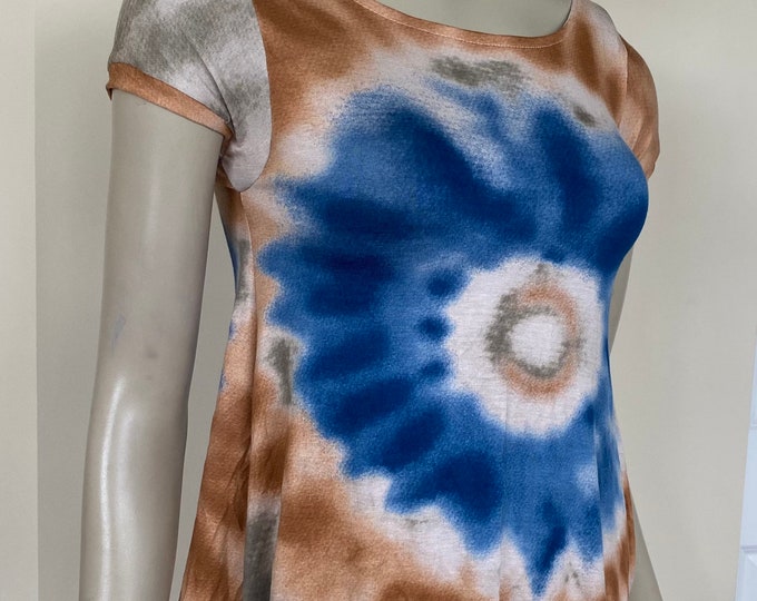 Blue Cotton Rayon A-Line Tie Dye Tank Dress. Cap Sleeves. Tan Summer Tank Top, Boho Micro Mini Dress. Resort Top or Bikini Cover.