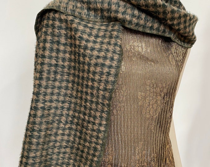 Olive and Gold Wool Houndstooth Scarf. Women's Short Hair Wool Fur Wrap Stole. Warm Winter Wraps. One Size. Gifts for Her.