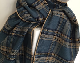 Gentleman's Blue and Honey Rayon Plaid Scarf. Azure Tartan Scarf