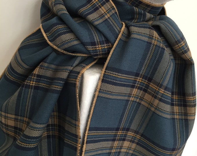 Gentleman's Blue and Honey Rayon Plaid Scarf. Azure Tartan Scarf