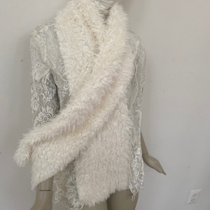 Off White Faux Fur Rectangular Scarf. Baby-soft Eggshell Faux Lambskin Faux Fur Scarf. Elegant Faux Fur Shawl.