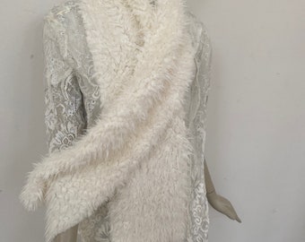 Off White Faux Fur Rectangular Scarf. Baby-soft Eggshell Faux Lambskin Faux Fur Scarf. Elegant Faux Fur Shawl.