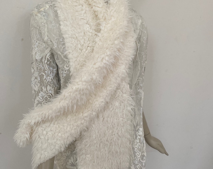 Off White Faux Fur Rectangular Scarf. Baby-soft Eggshell Faux Lambskin Faux Fur Scarf. Elegant Faux Fur Shawl.