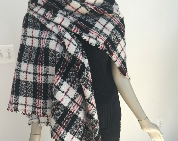 Red White Black Plaid Tweed Knit Blanket Scarf. Tartan Boucle Knit Wrap Scarf. Warm and Heavy Throw Scarves. Winter Acrylic Scarves.