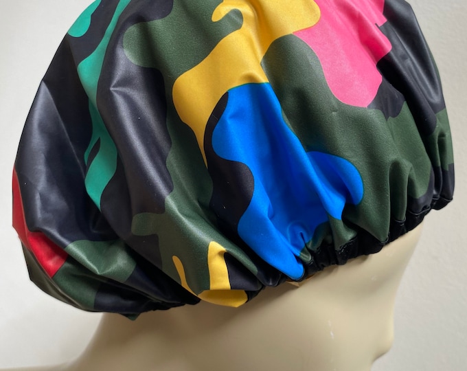 Waterproof Nylon Multi Camo Shower Cap with Black Satin Trim. Pvc-free Fabric Shower Hats. Eco-friendly, Non-allergenic, Durable Bath Hat.
