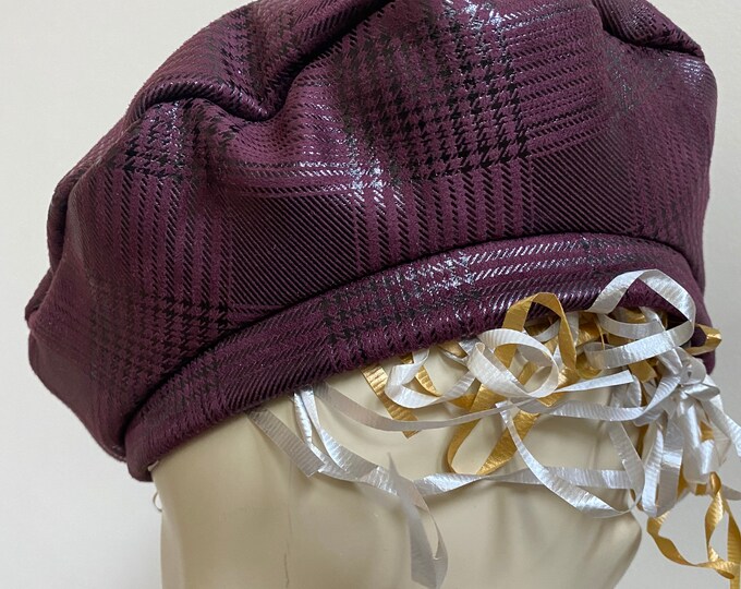 Wine Houndstooth Beret. Faux Patent Leather French Beret. Women's Nylon Fashion Hats. Chic, Trendy Caps. One Size.