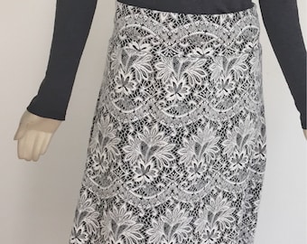 Black-White Floral Embossed Cotton Knit A-Line Midi Skirt. Ankle Length Stretch Cotton Knit Skirt. Women's Knee Length Skirts. Size M-L