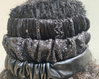 Black Monochromatic Headbands. Fancy Faux Leather Hair Bands. Multi-use, Handmade Hair Scrunchies and Wristbands. One Size.