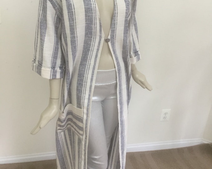 Breezy Blue Stripe Raw Silk Kaftan. Blue and White Stripe Silk Fringe Robe. Raw Silk Kimono. Natural Tweed Open Front Silk Overcoat Jacket.