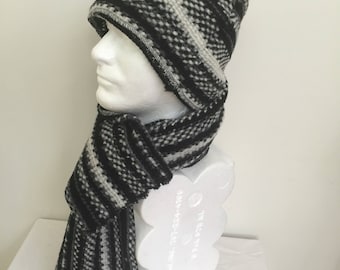 Gentleman's Black and White Wool Beanie Hat and Scarf Set. Men's Winter Slouchy Hat and Scarf. Italian Wool Knit Scarves and Scarves. Gifts.