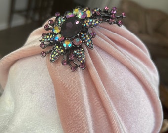 Woman's Blush Pink Velvet Turban Hat. Elegant Turban in Soft Stretch Fit Velvet. Tea Rose Velvet Turban. Seamless Back Style.