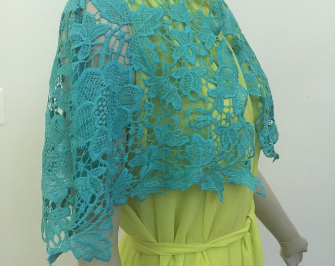 Turquoise Blue Guipure Lace Cape. Aqua Floral Petals Lace Wedding Shrug. Women's Elegant Sheer Covers. Available in Sizes S-L.