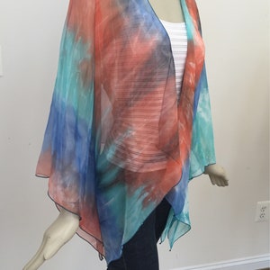 Shimmery Turquoise Chiffon and Orange Kimono. Women&#39;s Blue Multi Summer Tunic Top. Iridescent Sheer Swimsuit Cover. One Size.