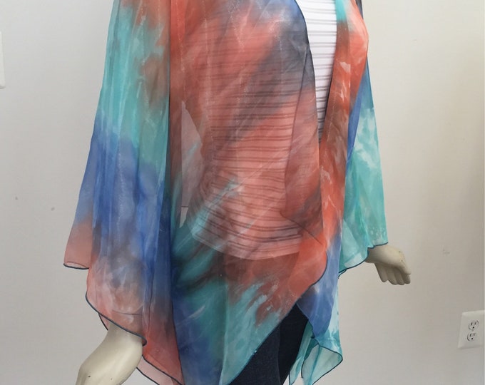 Shimmery Turquoise Chiffon and Orange Kimono. Women's Blue Multi Summer Tunic Top. Iridescent Sheer Swimsuit Cover. One Size.