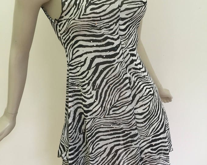 Black and White Zebra Sequin Sleeveless Scoop Neck Mini Dress. Animal Print Tank Top with Scoop Neck.