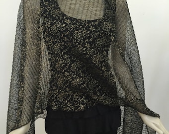 Black-Gold Bell Plisse Scarf. Pleated  Glittery Lace Scarf.  Women's Fine Wrap Scarves. Elegant Chiffon Silk Shawls. Gifts for Her.