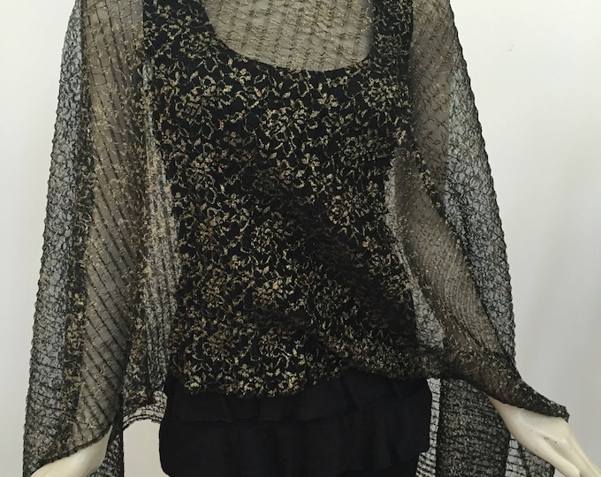 Black-Gold Bell Plisse Scarf. Pleated  Glittery Lace Scarf.  Women's Fine Wrap Scarves. Elegant Chiffon Silk Shawls. Gifts for Her.