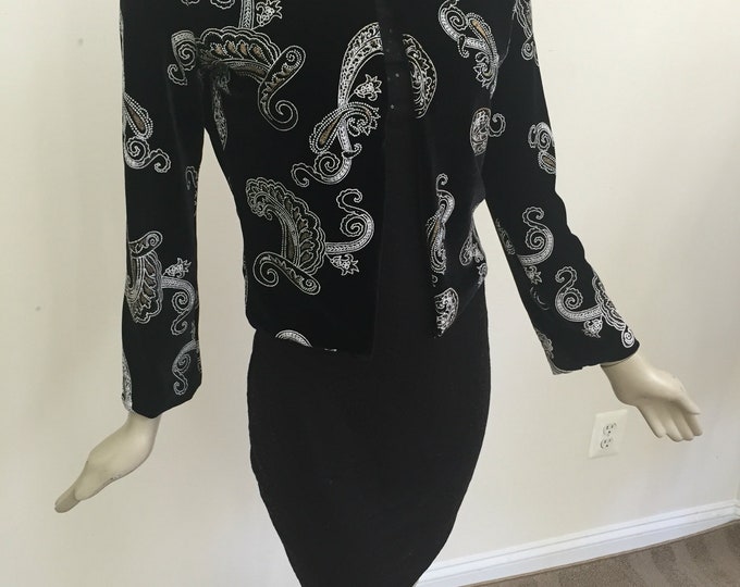 Black Velvet Cropped Jacket. Puff + Glittery Gold Foil thread, White Floral pattern. Women's Sparkly Black Velvet Formal Jacket.