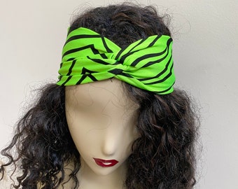 Neon Green Zebra Print Turband. Stylish Hair Bands in Fashion Colors. Convertible Handmade Hair Scrunchies and Wristbands. One Size.