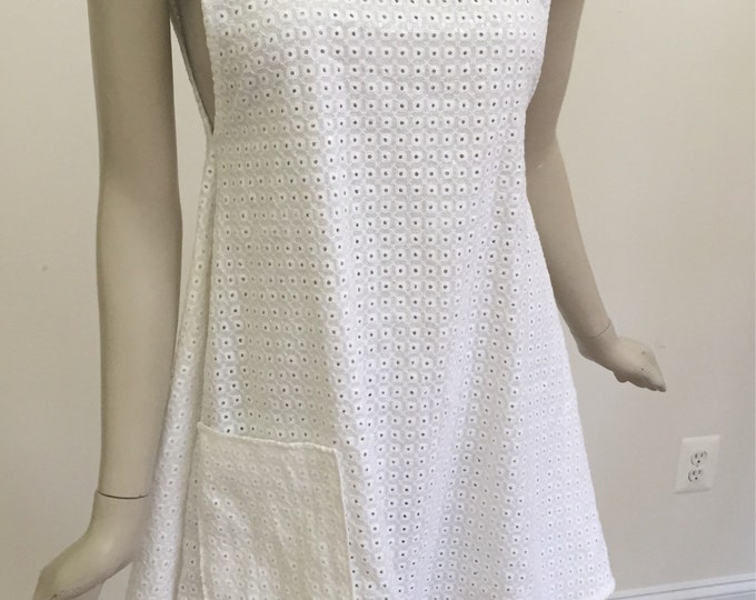 White Sequin Eyelet 100% Cotton Lace A-Line Beach Dress. Sparkly Lace Tank Summer Dress with Front Pocket. For Resort or Bikini Cover.