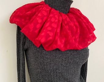 Red Swiss Dots Chiffon Neck Ruffle. Women's Jacquard Citcle Collar. Deep Red Holiday Neck Wraps. Red Infiniti Scarves. Gifts for Her.