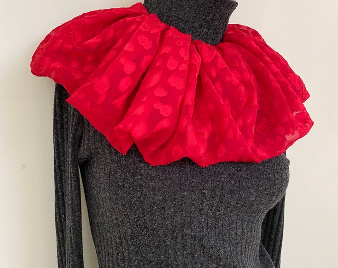 Red Swiss Dots Chiffon Neck Ruffle. Women's Jacquard Citcle Collar. Deep Red Holiday Neck Wraps. Red Infiniti Scarves. Gifts for Her.